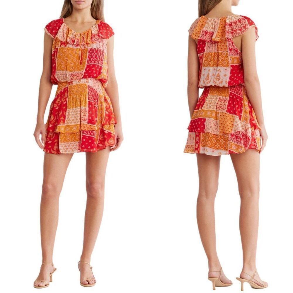 NWT Ramy Brook Mittie Cap Sleeve tiered mini dress in Flame patchwork Size S